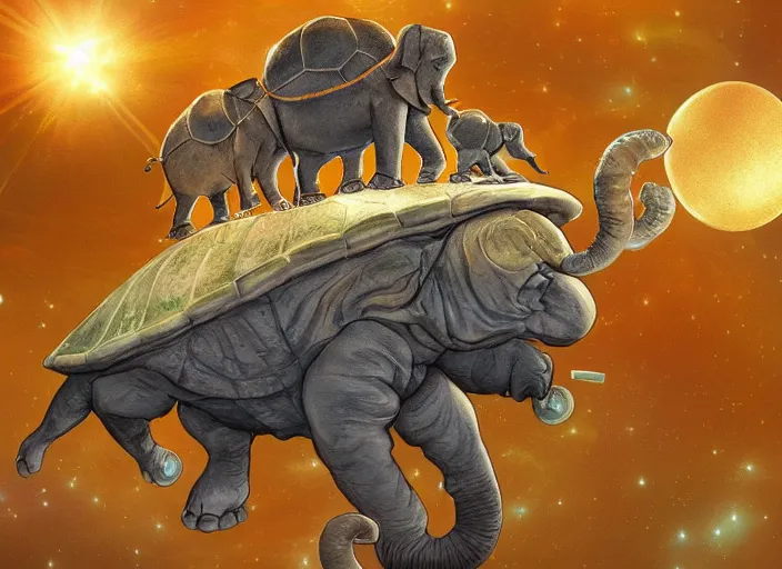 Image similar to discworld, flat earth on top of 4 elephants on top of a giant cosmic turtle flying through space, digital art, artstation, detailed