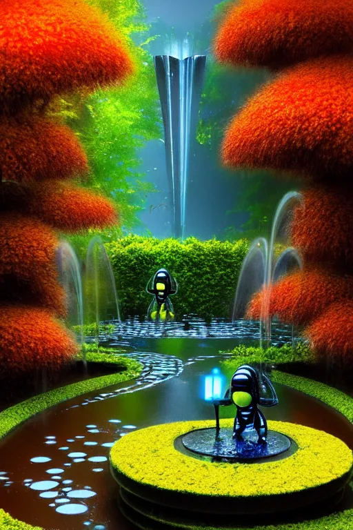 Image similar to futuristic garden glowing in autumn, marble fountains, small waterfalls, ecosystem, robotic bumblebees, 1 9 8 0 s science fiction, 1 9 7 0 s science fiction, alien 1 9 7 9, cyberpunk, 3 d oil painting, depth perception, 4 k, artstation