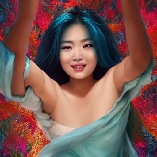 Image similar to A beautiful Asian actress with Turquoise hair smiling and taking a selfie inside the mouth of 'Jaws', diffuse lighting, fantasy, intricate, elegant, highly detailed, lifelike, photorealistic, digital painting, artstation, illustration, concept art, smooth, sharp focus, art by John Collier and Albert Aublet and Krenz Cushart and Artem Demura and Alphonse Mucha”