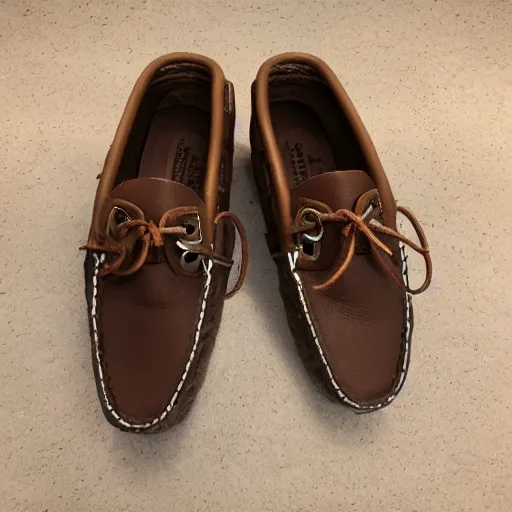 Image similar to sperry brown leather moccasins with extra long toe points, photorealistic