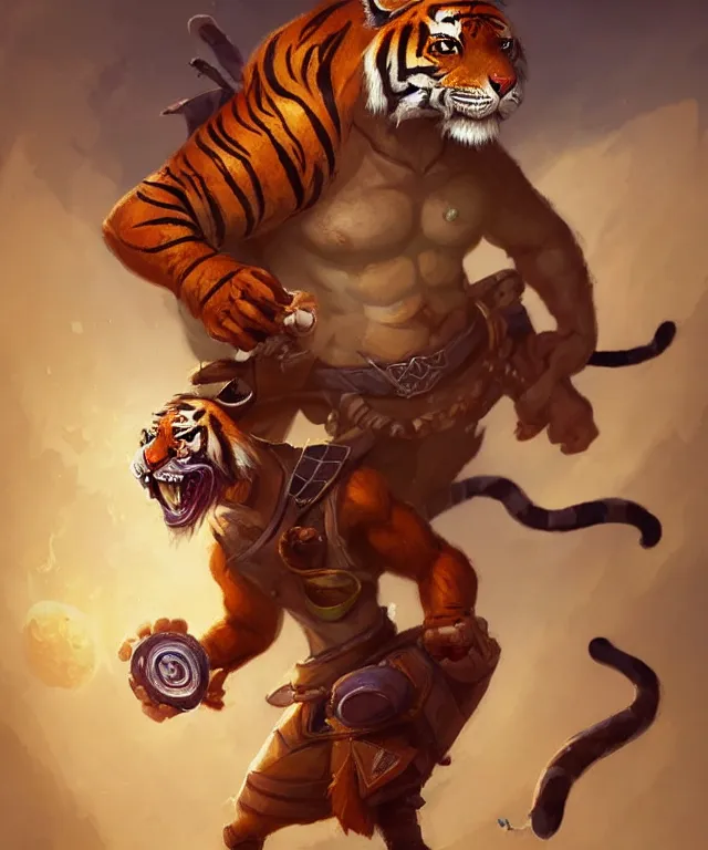 Image similar to a portrait an anthropomorphic tiger ninja eating tacosl, landscape in background, cute and adorable, dnd character art portrait, well rendered matte fantasy painting, deviantart artstation, by jason felix by steve argyle by tyler jacobson by peter mohrbacher, cinematic lighting