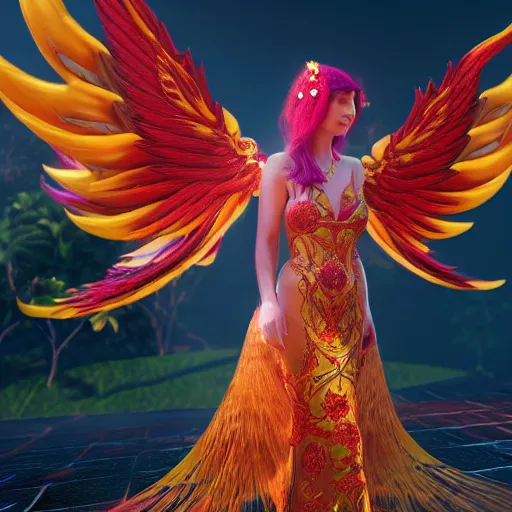 Image similar to a beautiful orchid phoenix angel woman, in an ornamented dress with large wings, octane, unreal engine, volumetric light, god rays, 8 k high resolution, rubies