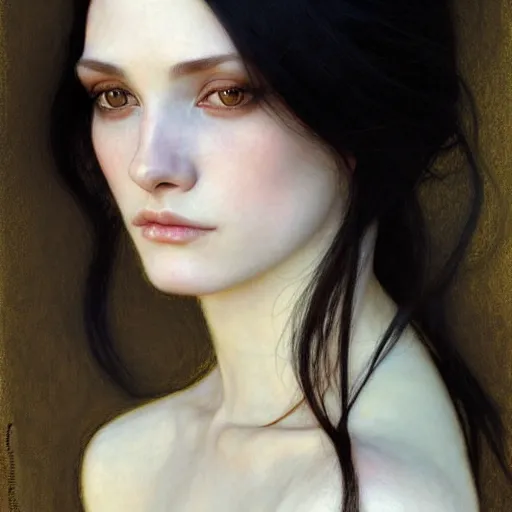 Image similar to portrait of a beautiful, pale skin, female with long black hair, dark, piercing eyes, gentle expression, elegant clothing, photorealistic, highly detailed, artstation, smooth, sharp focus, art by gustav klimt, artgerm, greg rutkowski and alphonse mucha