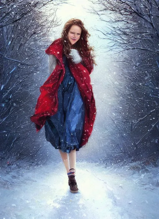 Prompt: a twenty five year old girl with short wavy curly light brown hair and blue eyes wearing colorful winter clothes is running in a snowy field. beautiful painting by artgerm and greg rutkowski