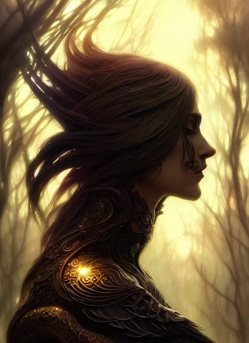 Image similar to side portrait dark crow, fantasy forest landscape, dragon scales, fantasy magic, dark golden light night, intricate, elegant, sharp focus, illustration, highly detailed, digital painting, concept art, matte, art by WLOP and Artgerm and Greg Rutkowski and Alphonse Mucha, masterpiece