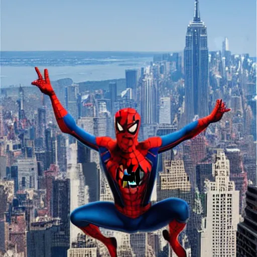 Image similar to marvel spider - man arms out from back standing on top of the empire state building