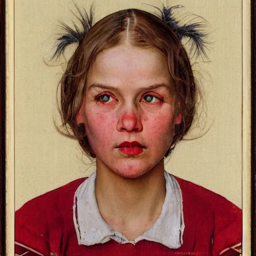 Prompt: Frontal portrait of a white-skinned tribal woman. A portrait by Norman Rockwell.