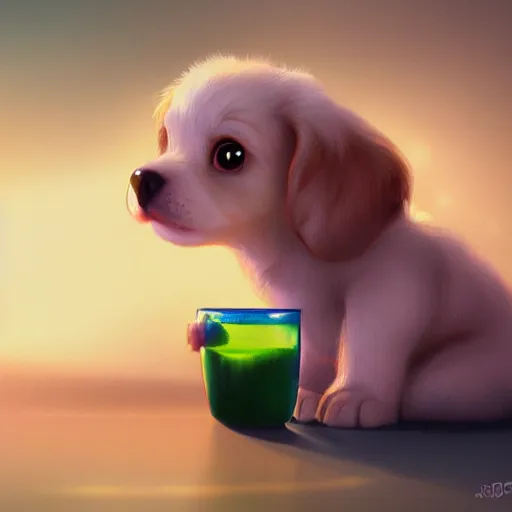 Prompt: cute puppy drinking juice, masterpiece, 8k, fantasy, cinematic lighting, highly detailed, digital painting, artstation, smooth, sharp focus, illustration, by Pixar