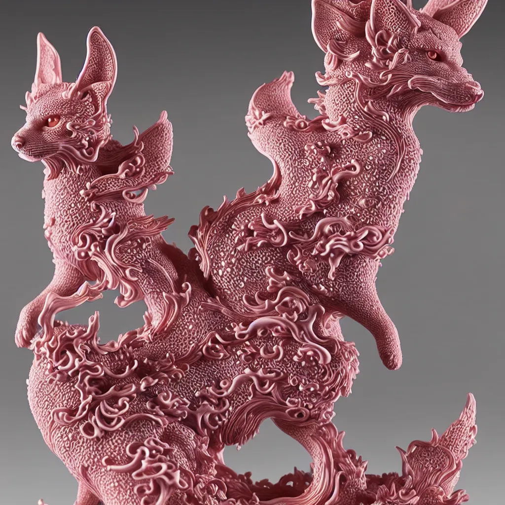 Prompt: A Close up photo-real delicate ceramic porcelain sculpture of an ornate detailed kitsune in front of a intricate background by Victo Ngai and takato yamamoto, micro detail, backlit lighting, subsurface scattering, translucent, thin porcelain, octane renderer, neon lights, hot Pink and Black, physically based rendering, japanese pottery, trending on cgsociety