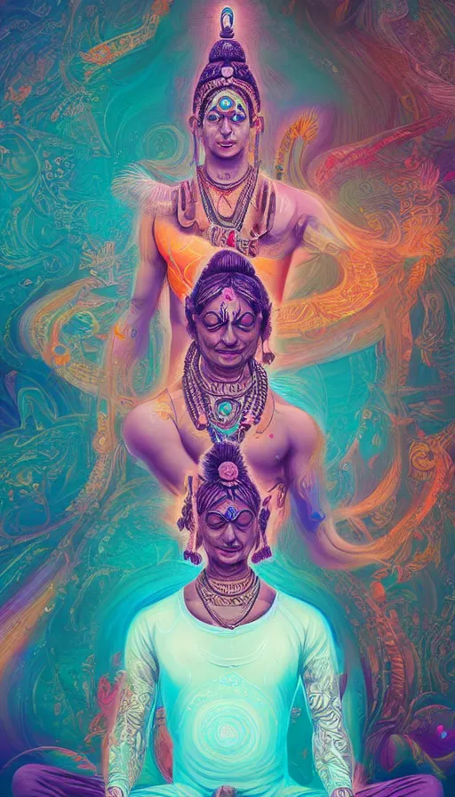 Image similar to indian yoga master, meditation, universe, dream, highly detailed, digital painting, refreshing, trending on artstation, octane render, hyper realistic, illustration by james jean