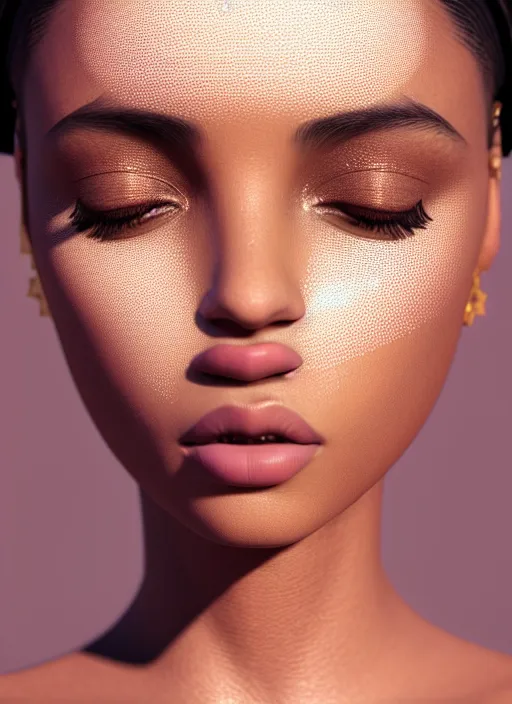 Image similar to beautiful female portrait, arabic, brown skin, face, rule of thirds, haze, intricate, symmetrical!!, makeup, maybelline, depth of field, cinematic, filmic, vsco, concept art, artstation, digital painting, elegant, model, gorgeous, vray, cinema 4 d, octane render, ambient occlusion, prism lights