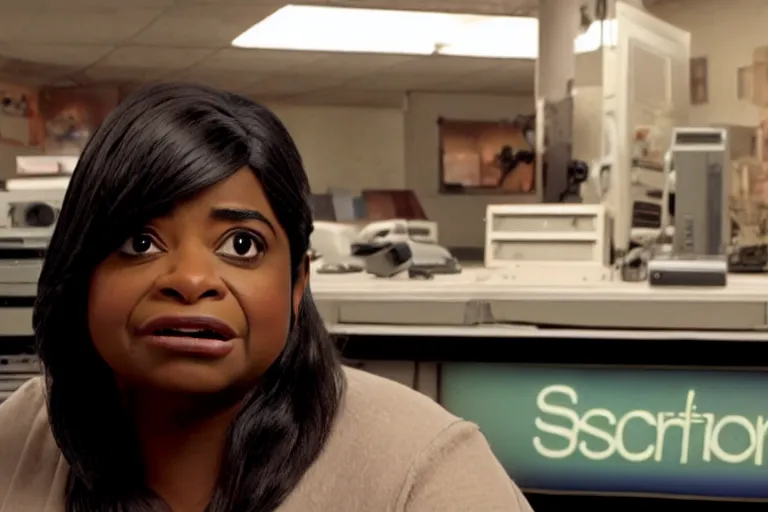 Image similar to cinematic screenshot of octavia spencer in a used electronics store standing in front of an old keyboard, iconic scene from the paranoid sci fi thriller film directed by pt anderson, apartment set in the near future, cinematic shot with anamorphic lenses, color theory, apartment design, leading lines, photorealistic, volumetric lighting, 2 0 2 2 4 k film