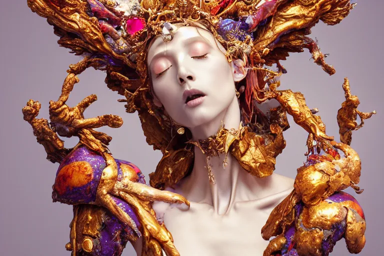 Image similar to Cinestill of A heartbreaking realistic 8k Bernini Sculpture of a stunning intricate cracked multicolored milky cosmic marble Evangelion Fallen Angel Devil Queen adorned in sentient mycelium mystical jewelry and ancient Empress crown and misty xparticles. by Yoshitaka Amano, Daytoner, Greg Tocchini, Scattered golden flakes, Hyperrealism. Subsurface scattering. Octane Render. Weirdcore, perfect face