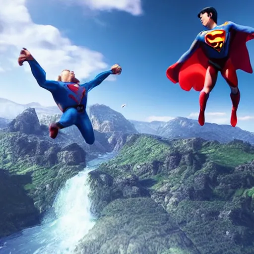 Prompt: a flying superhero catching a child that is falling from a cliff. photorealistic. realism. 4 k wideshot. cinematic. unreal engine. artgerm.