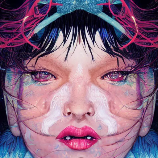 Image similar to portrait of crazy beautiful singer sia kate isobelle furler, big ribbon, ymmetrical, by yoichi hatakenaka, masamune shirow, josan gonzales and dan mumford, ayami kojima, takato yamamoto, barclay shaw, karol bak, yukito kishiro