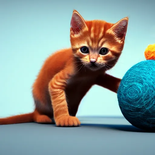 Image similar to orange tabby kitten playing with a ball of yarn, octane render, 4 k