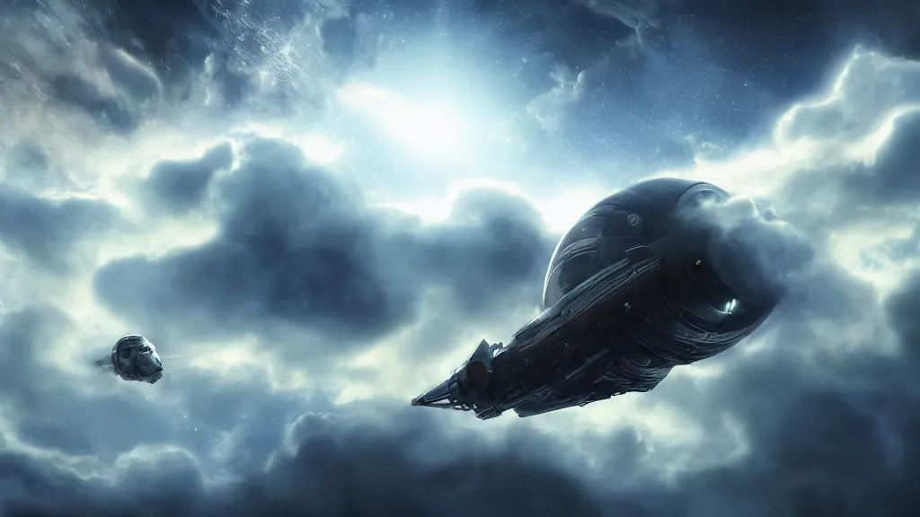 Prompt: space ship bursting through the clouds, dramatic cinematic action shot, matte painting, concept art, realistic, fluffy clouds, sci fi, space craft, 8k