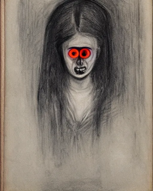 Image similar to scary portrait of a young female with glowing eyes, similar to the scream drawing by Edvard Munch