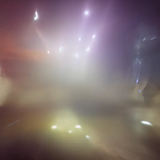 Image similar to detailed 3d photorealistic render of visual representation of information as a physical phenomena. volumetric lighting, subsurface scattering, caustics, mist, mystical, light transport simulation, smoke, particles simulation