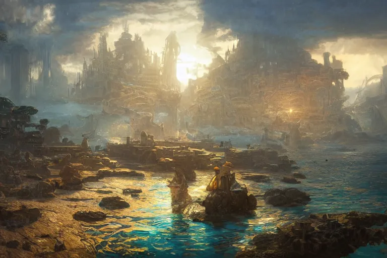 Image similar to a scenic landscaping view of the lost and abandoned city of Atlantic under water, ray of sunlight, mermaids in distance, Greg Rutkowski, Moebius, Mohrbacher, Mucha, blue and gold color scheme, ultra wide angle, ultra detailed, light effect