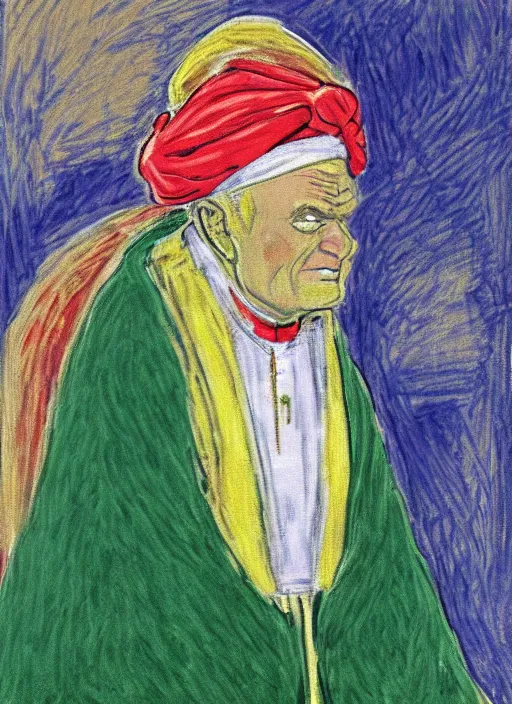 Image similar to turban and shoulder pads with cape wearing john paul ii as piccolo from dragon ball z by claude monet