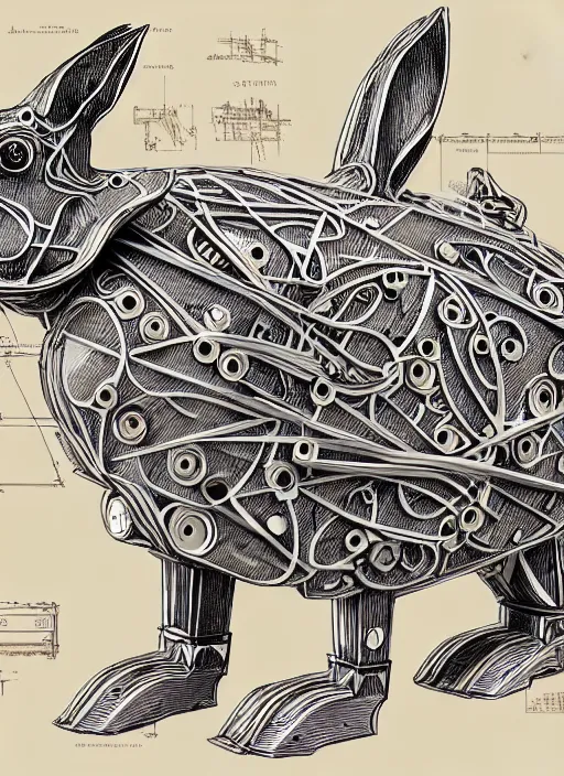 Prompt: full page scan of detailed concept art of very technical and detailed blueprint of a rabbit wood robot, intricate details, ultra - detailed, baroque style, illustration, desaturated, concept art, ornate symbolic border