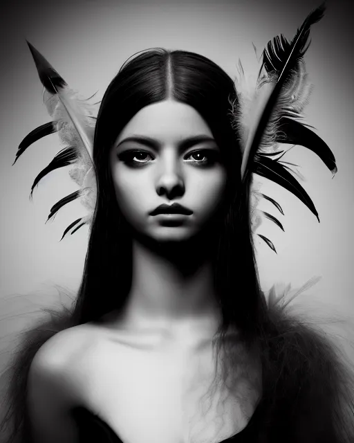 Image similar to surreal mythical dreamy dark artistic black and white fine art photo of a young delicate female - orchid - bird - cyborg bust with feather hair, rim light, cinematic, studio dramatic light, poetic, octane render, 8 k, photo - realistic