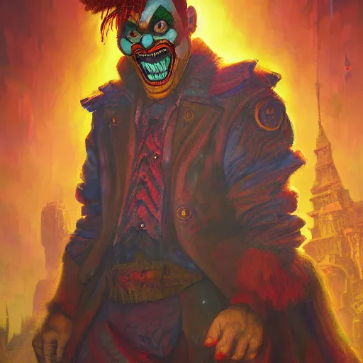 Prompt: portrait of angry clown, atmospheric lighting, painted, intricate, volumetric lighting, beautiful, rich deep colours masterpiece, sharp focus, ultra detailed, in the style of Dan Mumford and marc simonetti, futuristic temple in the background,