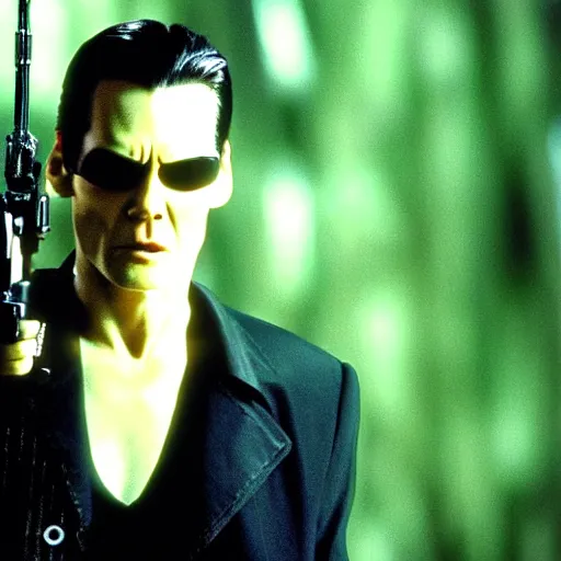 Prompt: Jim Carrey as Neo in The Matrix (1999)