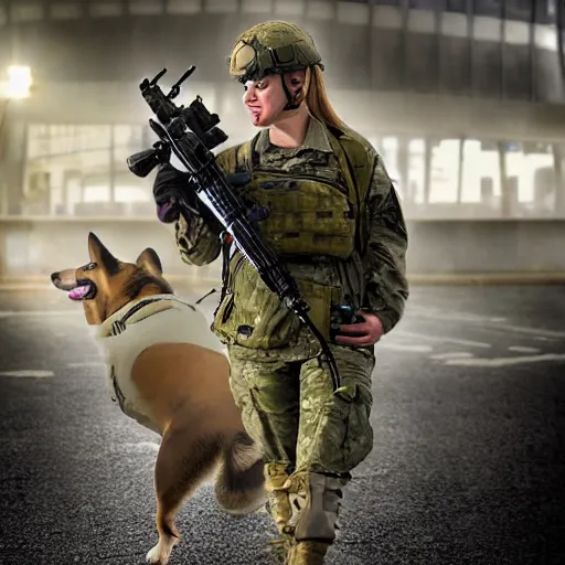 Image similar to female soldier with corgi sniffer dog in sci-fi city, digital art