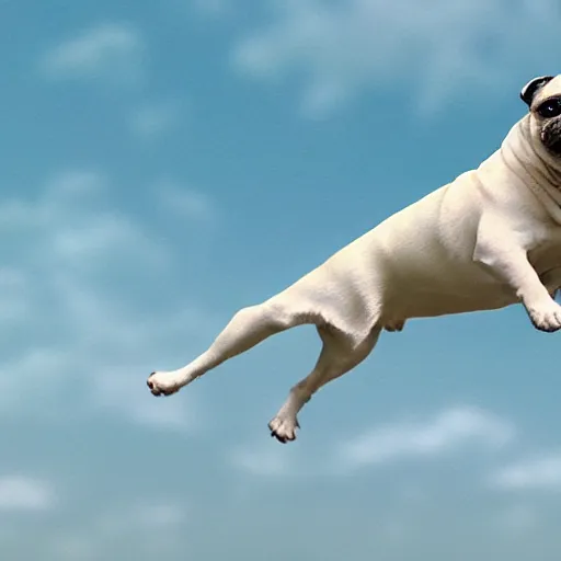 Prompt: a white pug as a superhero flying though the air, hyper realistic, photorealistic