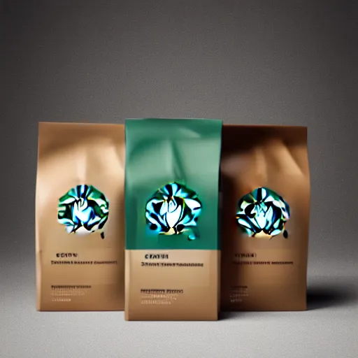 Image similar to Cascara Coffee, New Starbucks coffee bag, package design, 3d 8k render, realism, cgi render by product marketing, white background