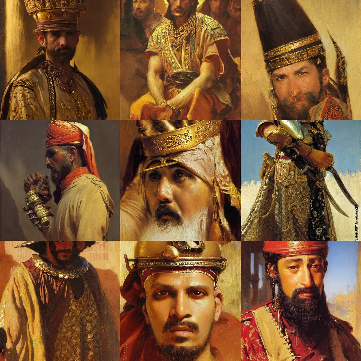 Prompt: orientalism painting of the sultan's guard face detail by theodore ralli and nasreddine dinet and anders zorn and edwin longsden long, bronze age, sword and sorcery, oil on canvas, masterful intricate artwork, excellent lighting, high detail 8 k