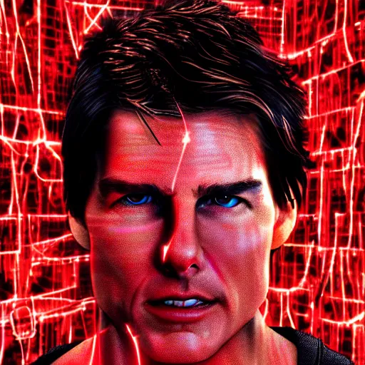 Prompt: Tom Cruise as a digital Cyborg, red wires coming out of his face, red glow in eye, sci-fi movie digital art