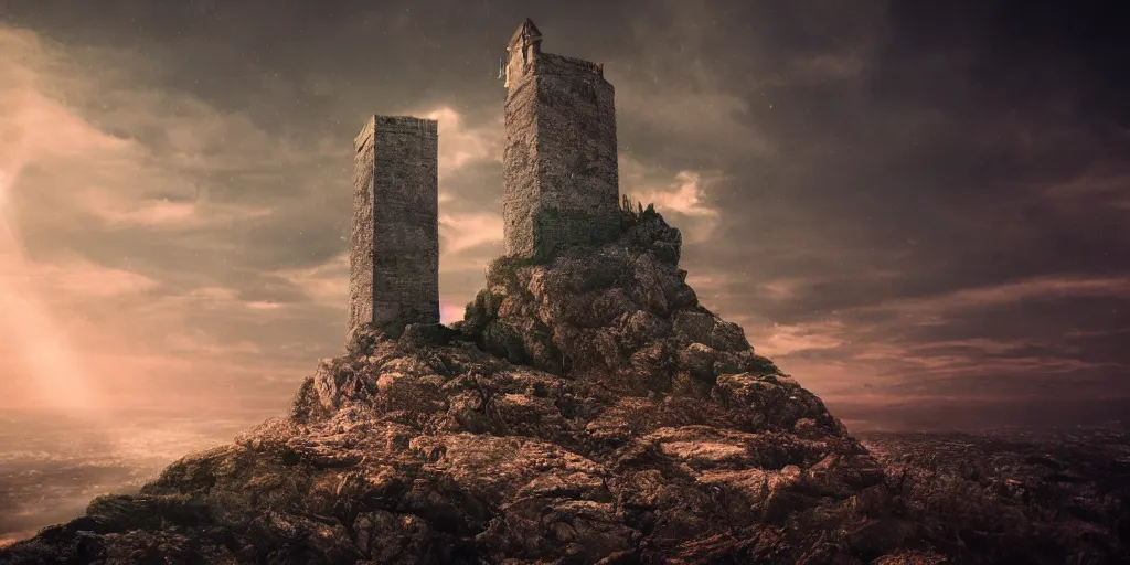 Image similar to a tower on the edge of forever, fantasy, hyper realistic, dramatic lighting, cinematic, 35mm lens, 2k,
