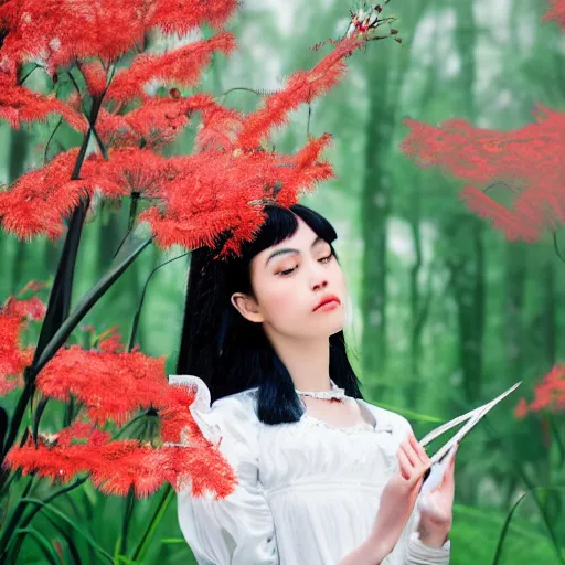 Prompt: black haired girl in victorian clothing surrounded in a forest full of red spider lily flowers on a semi-cloudy day, 4k detailed