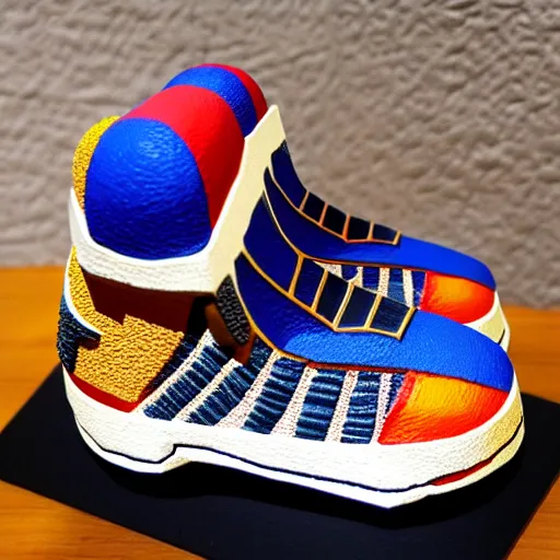 Image similar to realistic scultpure of sneaker! design, sneaker design overwatch fantasy style mixed with aztec mayan native street fashion, focus on sneakers only, shoes designed by akira toriyama and studio ghibli