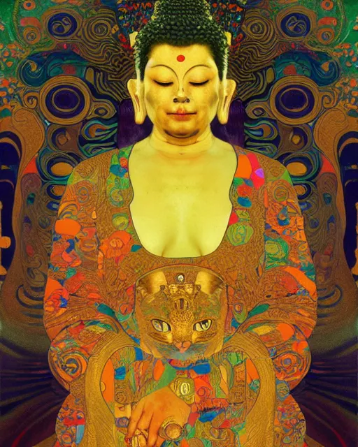 Image similar to buddha cat portrait an oil painting splashes with many colors and shapes by gustav klimt greg rutkowski and alphonse mucha, polycount, generative art, psychedelic, fractalism, glitch art