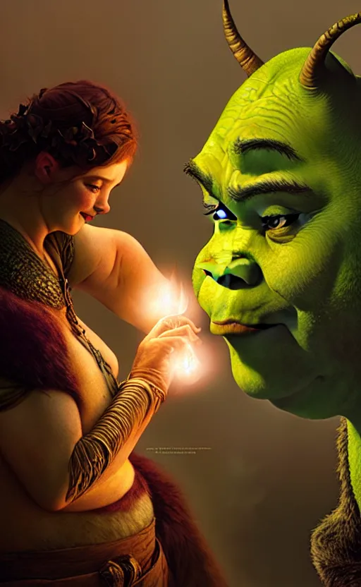 Image similar to shrek dragon gorgeous lighting by weta studio, mucha, bautista and norman rockwell and greg rutkowski and tom bagshaw and james gurney and lucasfilm