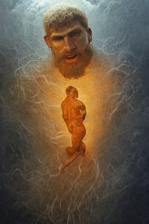 Prompt: Intricate stunning highly detailed portrait of a rugby player by agostino arrivabene and Vladimir Kush, surreal, digital painting, ultra realistic, Horror vacui, dramatic lighting, full moon, thick black swirling smoke tornado, burning fire embers, artstation