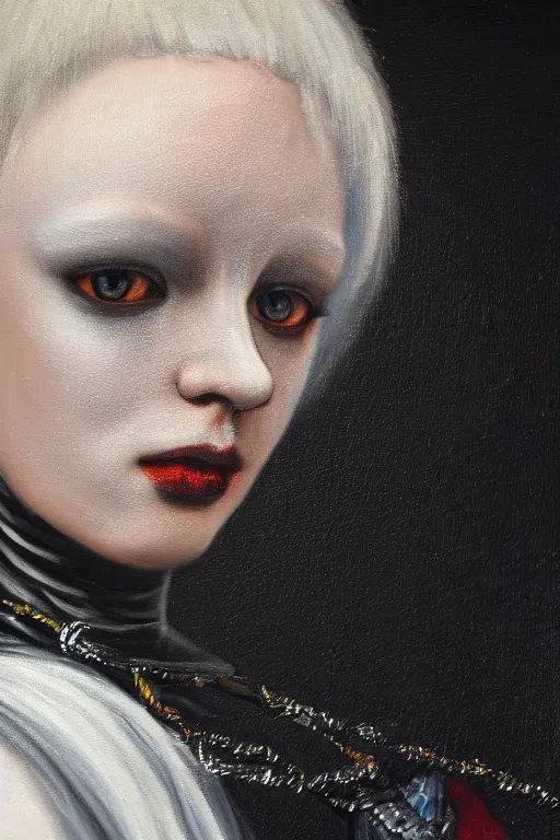 Image similar to hyperrealism oil painting, close - up portrait of albino medieval fashion model, black silk, steel gradient mixed with nebula sky, in style of baroque