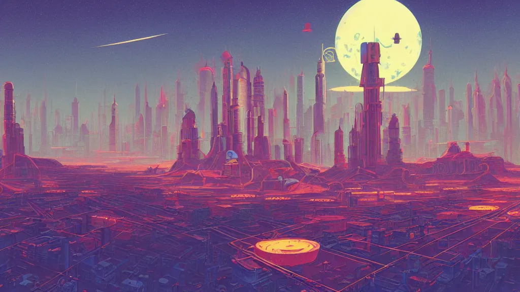 Image similar to retro robot city at the other side of nowhere, sharp digital painting. dreaming latent space. concept art. artstation. casey weldon. digital render. dan mumford. clean retro. bruce pennington.