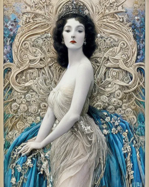 Image similar to in the style of beautiful vivien leigh, blue frilly gown and crown with flowers and gems, detailed and intricate by jean delville, gustave dore and marco mazzoni, colorful art nouveau, symbolist, visionary, gothic, pre - raphaelite