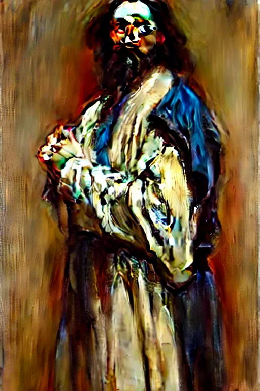 Image similar to leyendecker and solomon joseph solomon and richard schmid and jeremy lipking victorian loose genre loose painting full length portrait painting of jesus