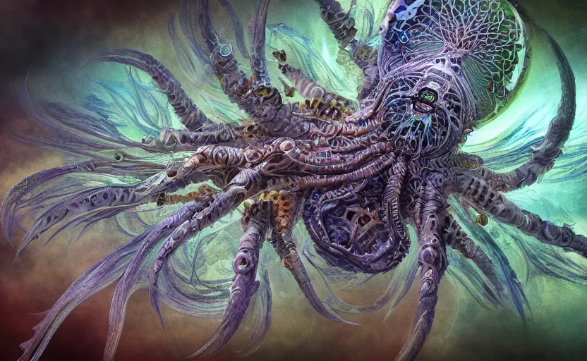 Image similar to sci - fi biomechanical, mandelbulb 3 d, colored, unreal engine, fractal flame, monster character design, fantasy. intricate jellyfish crab eagle lizard biomechanical. by ernst haeckel