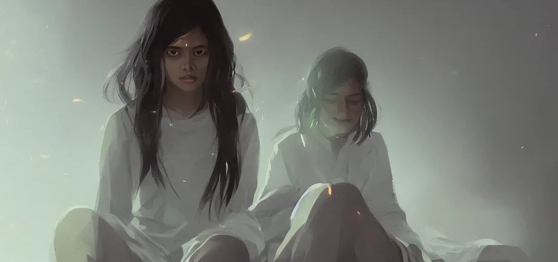 Image similar to Young Himalayan woman concerned in an empty room using psychic powers to make a lighter float| night time scene, plain walls |somber white eyes, long messy hair | gentle lighting, futuristic, dim lighting, digital art by Makoto Shinkai ilya kuvshinov and Wojtek Fus, digital art, concept art,