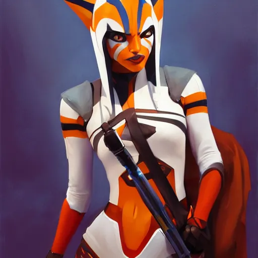 Image similar to greg manchess portrait painting of ahsoka tano as overwatch character, medium shot, asymmetrical, profile picture, organic painting, sunny day, matte painting, bold shapes, hard edges, street art, trending on artstation, by huang guangjian and gil elvgren and sachin teng