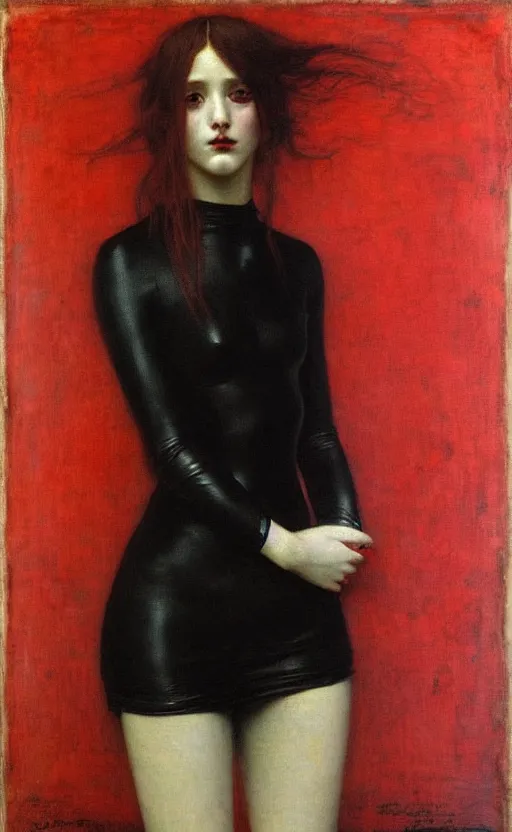 Image similar to portrait of girls with long red hair in black dress, under red water, very beautiful style, girl wrapped in black leather, photorealism, edgard maxence,