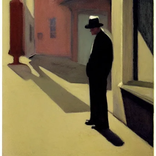 Image similar to man smoking cigarette in shadowy alley near street lamp, by edward hopper, full resolution