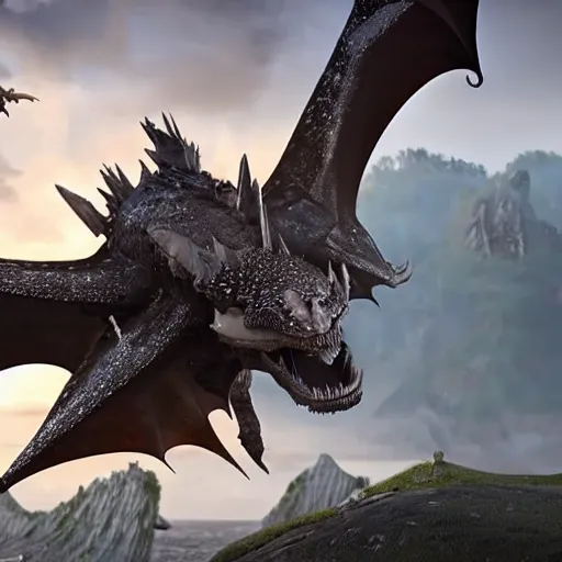 Image similar to movie clip of dragon with mantaray wings and a stingray tail made of stars in an old viking village filled with vikings and other dragons going about their day, cgi, in the style of how to train your dragon, cinematic, high resolution, cgi